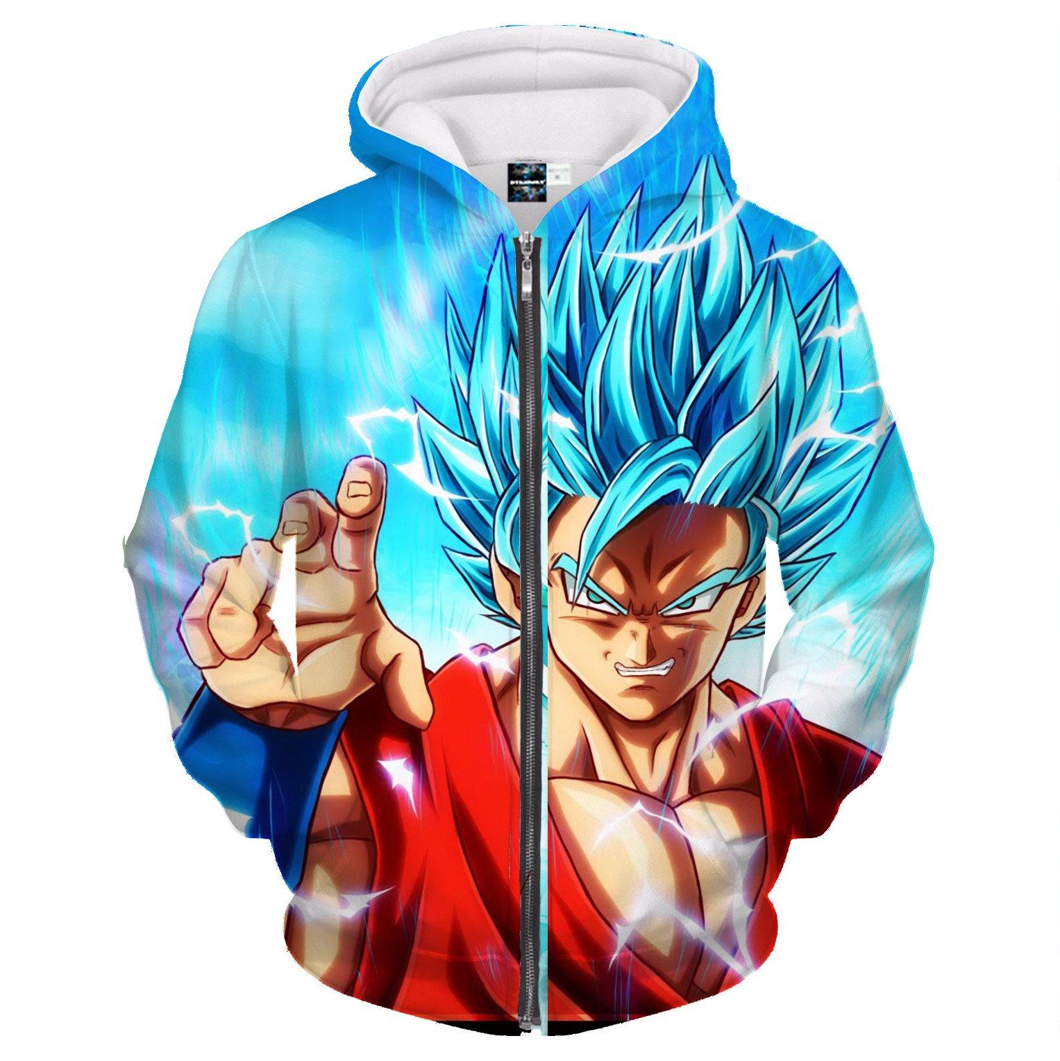 Angry Goku Super Saiyan God Blue Power Thunder Attack Zipper Hoodie