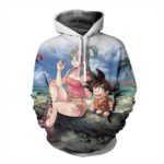 Bulma Sitting on a Tree and Kid Goku at the Beach Blue Graphic DBZ Hoodie - Saiyan Stuff