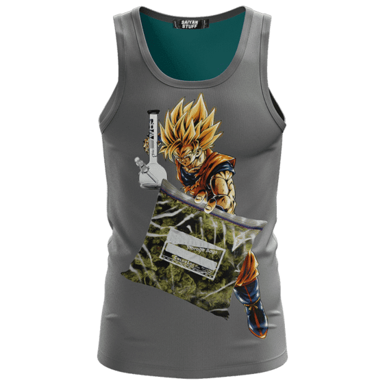 Dragon Ball Z Goku Holding Bong And Bag Of Weed Dope Gray Tank Top