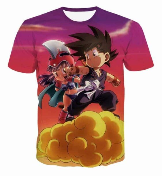 Kid Goku & Chichi Flying on Golden Cloud 3D T-Shirt - Saiyan Stuff