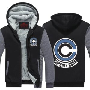 Popular Capsule Corp Logo Gray & Black Zip Up Hooded Jacket