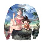 Bulma Sitting on a Tree and Kid Goku at the Beach Blue Graphic DBZ Sweatshirt