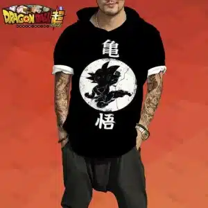 Classic Goku and Kanji Symbol Black Vintage Hooded T-Shirt