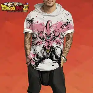 Majin Buu Splatter Art Dynamic Pink and Black Hooded T-Shirt