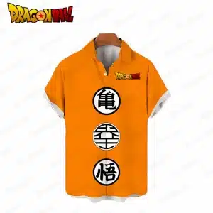 Triple Kanji Emblems Goku Orange Button Up Hawaiian Shirt