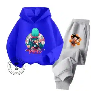 Cute Bulma & Goku Blue Hoodie & Gray Sweatpants Kids Set