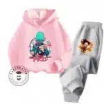 Cute Bulma & Goku Pink Hoodie & Gray Sweatpants Kids Set