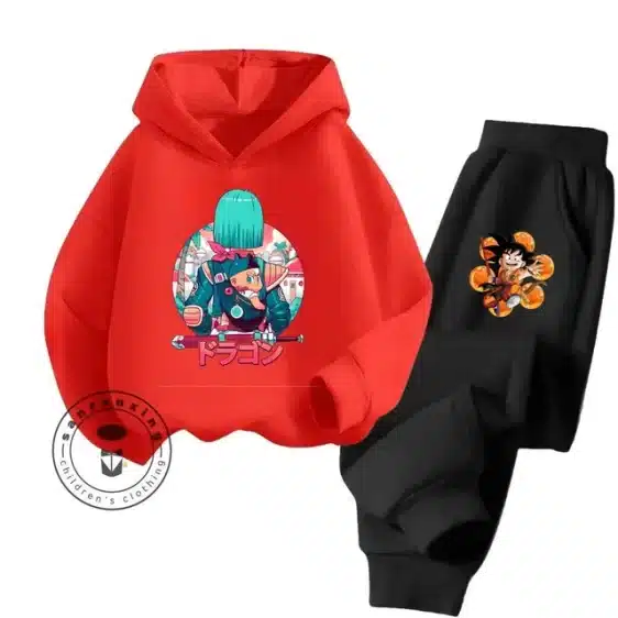 Cute Bulma & Goku Red Hoodie & Black Sweatpants Kids Set