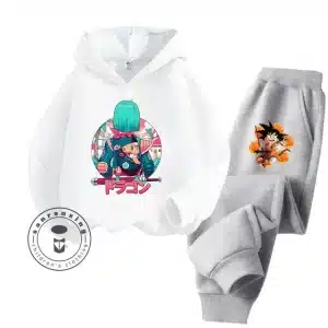 Cute Bulma & Goku White Hoodie & Gray Sweatpants Kids Set