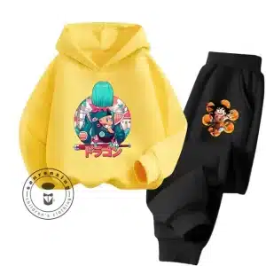 Cute Bulma & Goku Yellow Hoodie & Black Sweatpants Kids Set