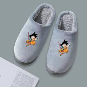 Dragon Ball Kid Goku Holding Stiick Gray Plush Slippers