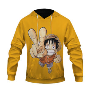 One Piece Energetic Luffy Peace Hand Yellow Pullover Hoodie (Kids & Adults)